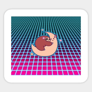 Sloth Hugging Moon Vaporwave Grid Sticker